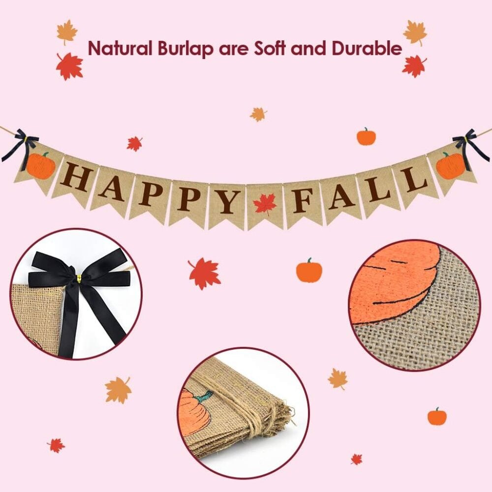 Burlap Banner Happy Fall Sign Pumpkin Flag Rustic Natural Fall Harvest Banner fo - Picture 4 of 7